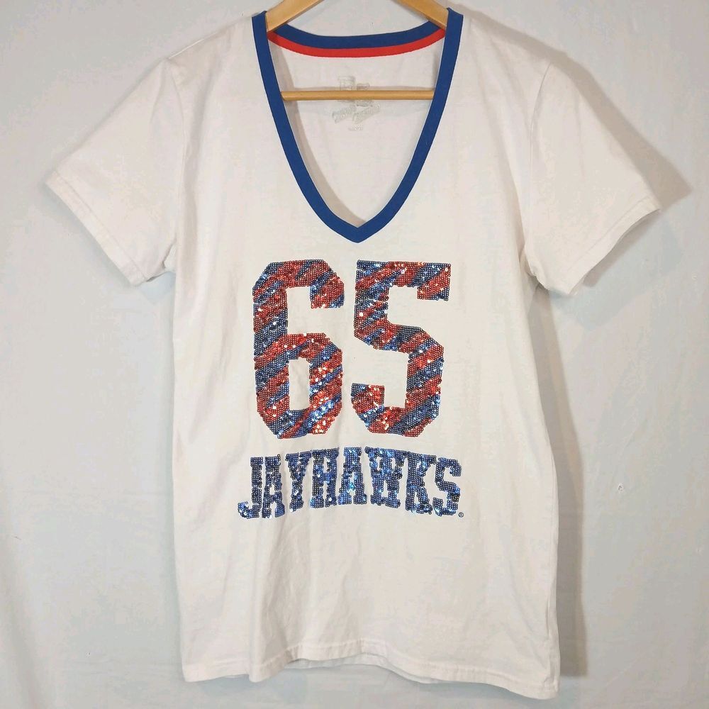 E5 College Classics Juniors Large‎ KU Kansas  Jayhawks 65 Sequin V-Neck T-Shirt